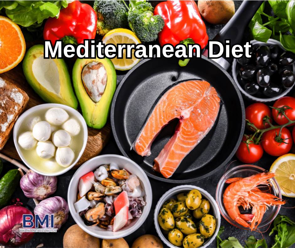 Mediterranean diet healthy foods including vegetables, olive oil, and fish